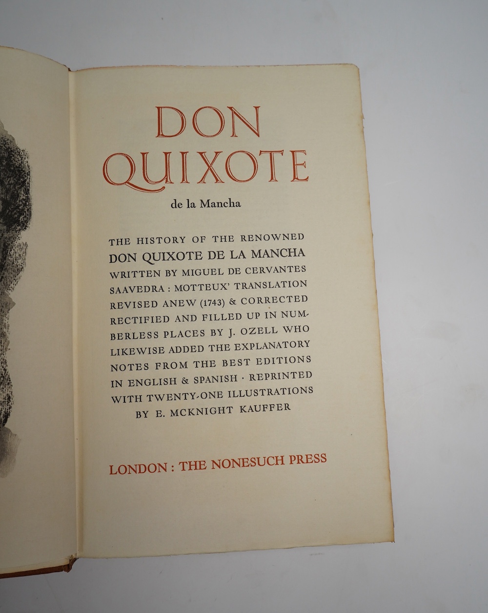 Cervantes, Miguel de - Don Quixote de la Mancha. The history of the renowned Don Quixote ... Motteux' translation revised anew (1743) ... 2 vols. frontispieces and 19 coloured plates (by E. McKnight Kauffer); original ta